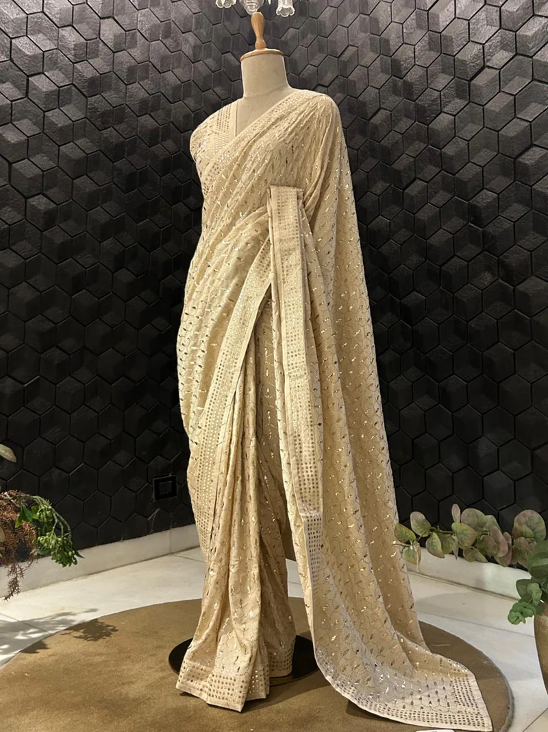 Brown Munga Silk Saree with Mukaish Work