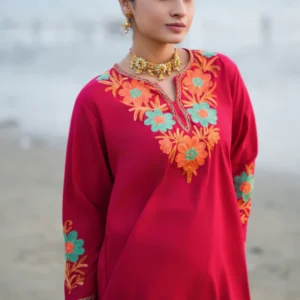Cotton Kashmiri Aari Embroidered Short Kurta - Maroon