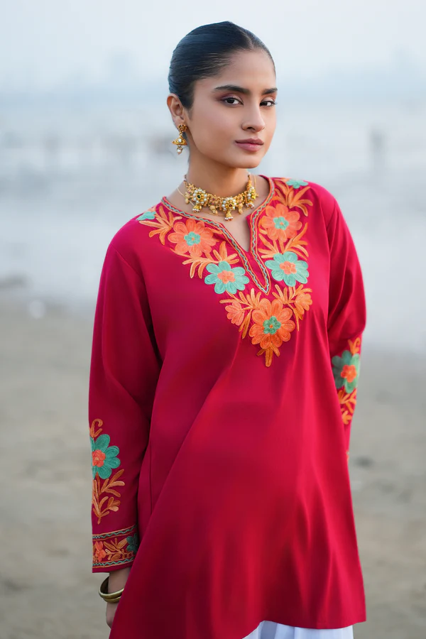 Cotton Kashmiri Aari Embroidered Short Kurta - Maroon
