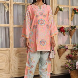 Pashmina Printkari Coord Set with Straight Bottoms – Peach & Aqua