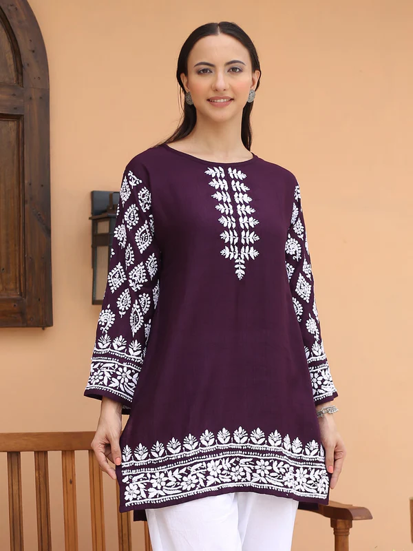 Saba Chikankari Short kurta in Modal Silk - Purple