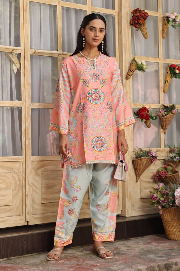 Pashmina Printkari Coord Set with Straight Bottoms – Peach & Aqua