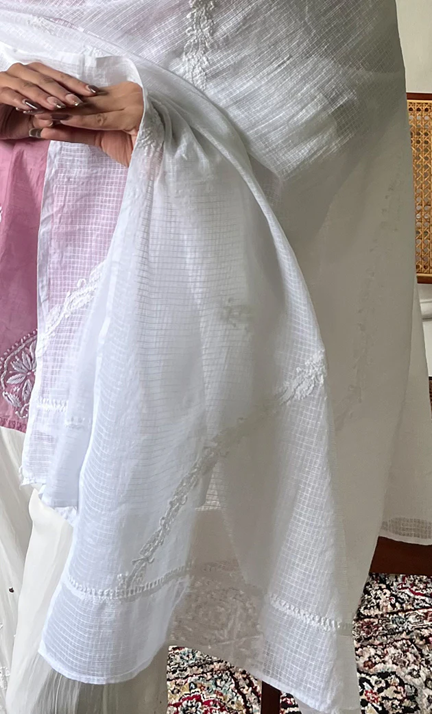 Ada Hand Embroidered White Cotton Lucknowi Chikankari Dupatta