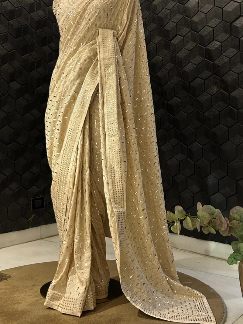 Brown Munga Silk Saree with Mukaish Work