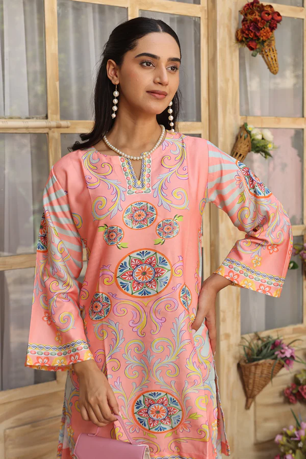 Pashmina Printkari Coord Set with Straight Bottoms – Peach & Aqua