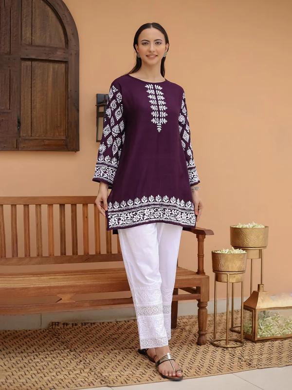 Saba Chikankari Short kurta in Modal Silk - Purple