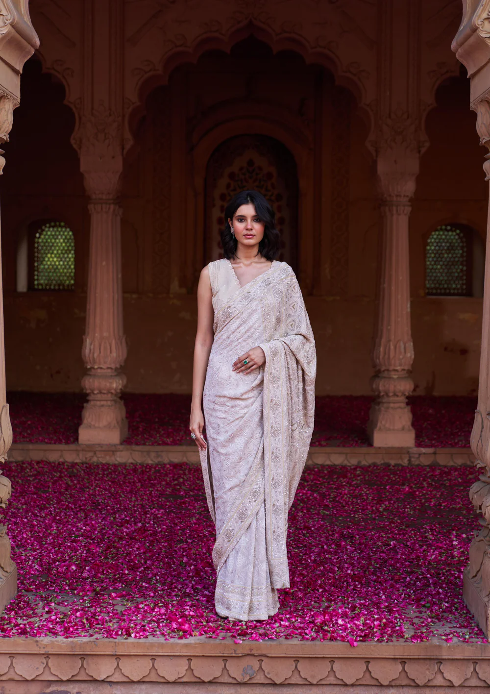 Ivory Do-taar Georgette Chikankari Saree