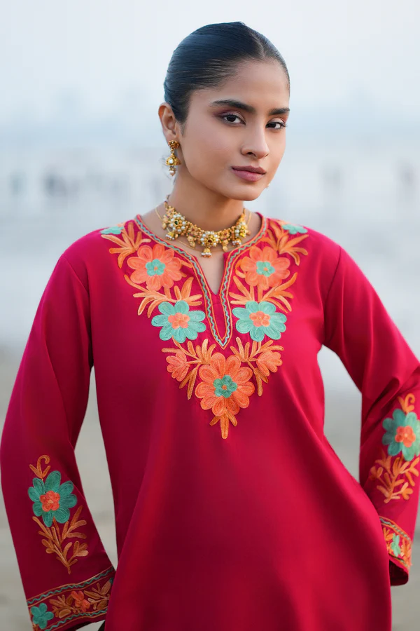 Cotton Kashmiri Aari Embroidered Short Kurta - Maroon