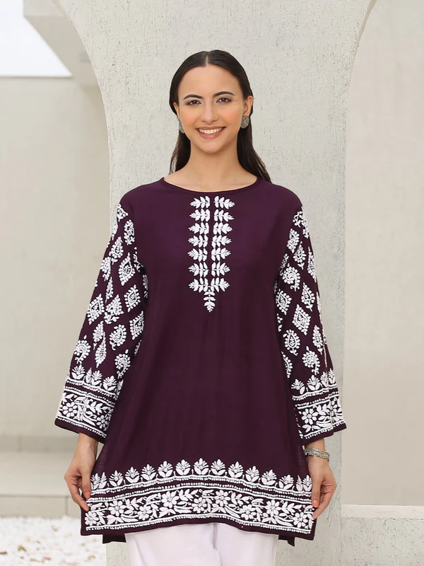 Saba Chikankari Short kurta in Modal Silk - Purple