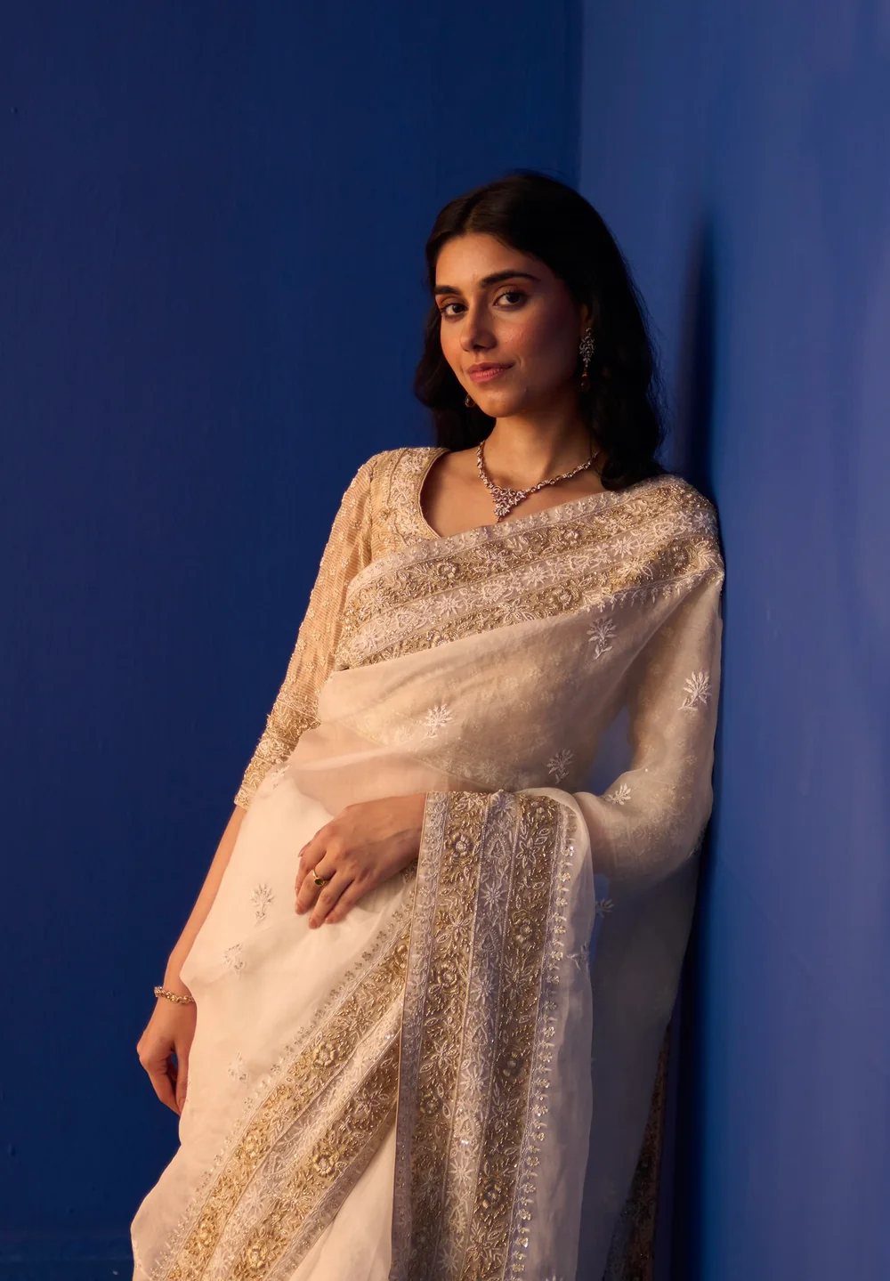 White Organza Saree with Chikankari and Zardozi