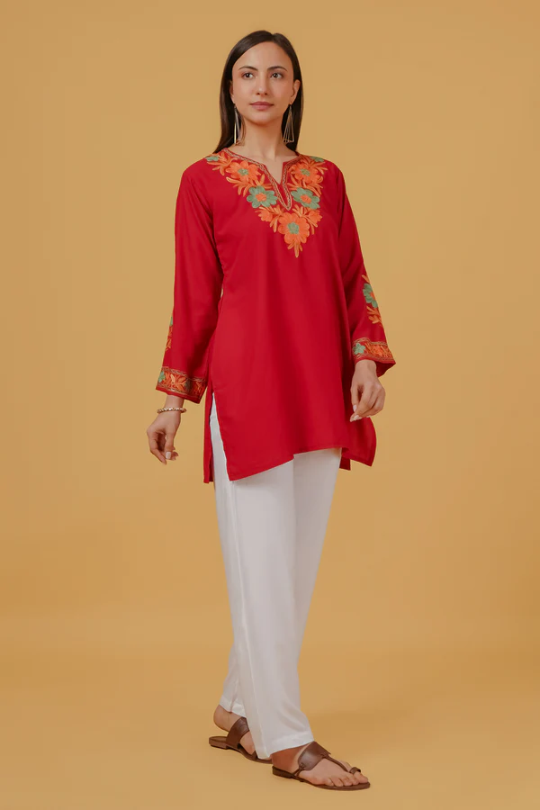 Cotton Kashmiri Aari Embroidered Short Kurta - Maroon