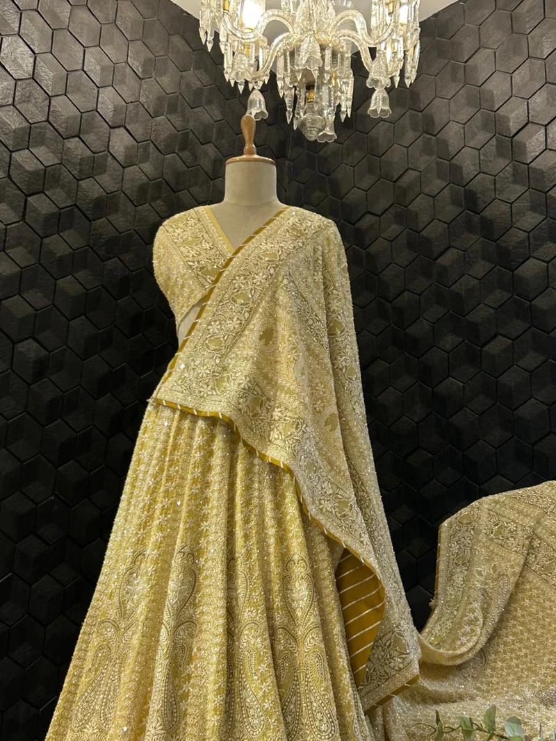 Yellow georgette ek-taar chikankari lehenga set