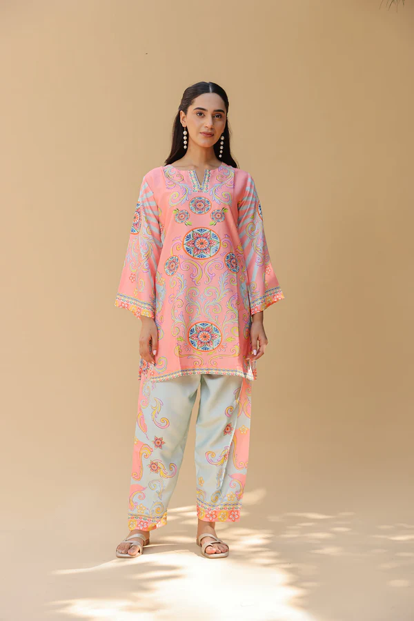Pashmina Printkari Coord Set with Straight Bottoms – Peach & Aqua
