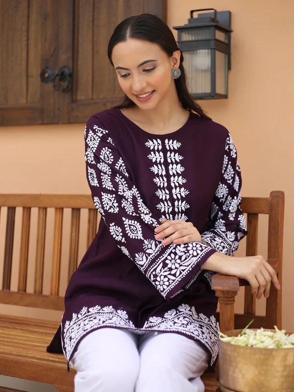 Saba Chikankari Short kurta in Modal Silk - Purple