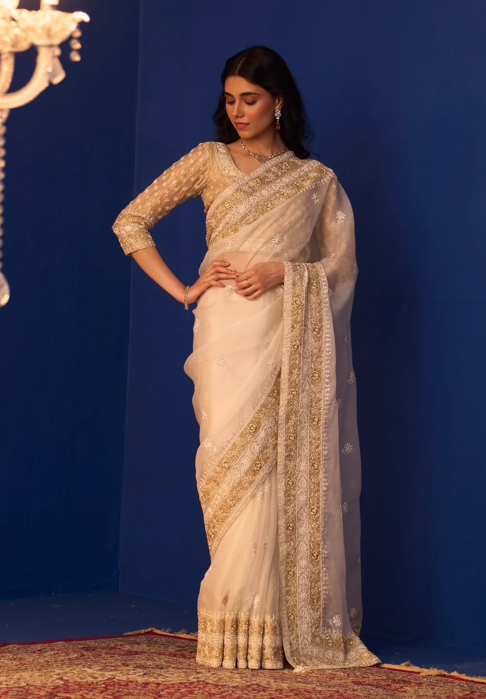 White Organza Saree with Chikankari and Zardozi