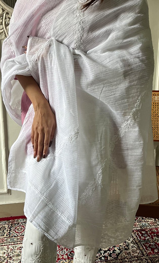 Ada Hand Embroidered White Cotton Lucknowi Chikankari Dupatta