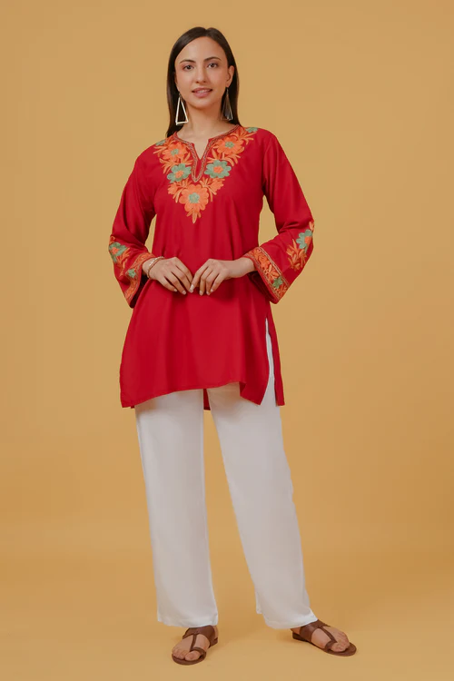 Cotton Kashmiri Aari Embroidered Short Kurta - Maroon