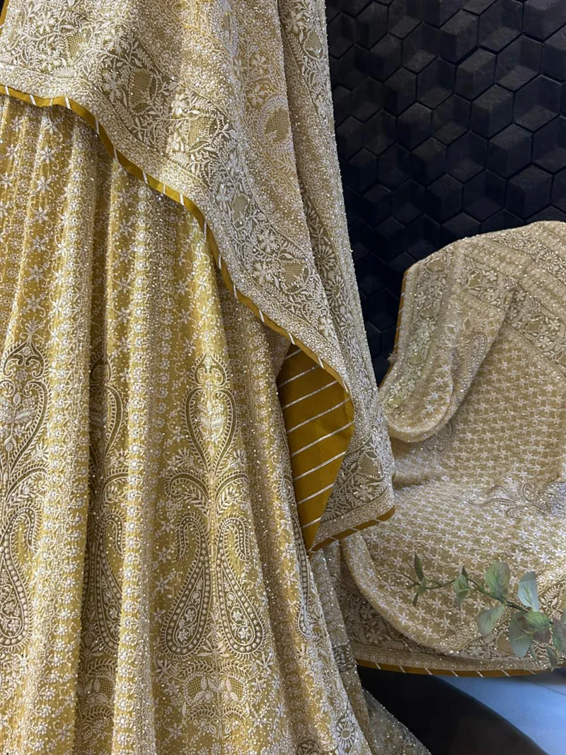 Yellow georgette ek-taar chikankari lehenga set