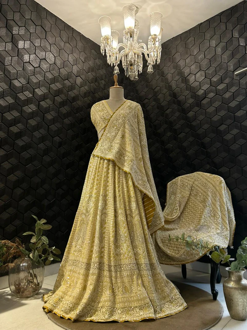Yellow georgette ek-taar chikankari lehenga set