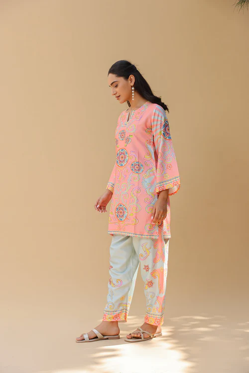 Pashmina Printkari Coord Set with Straight Bottoms – Peach & Aqua