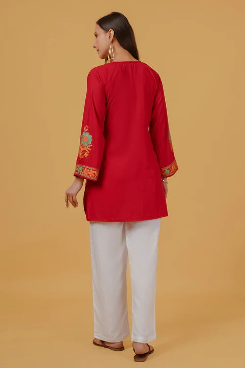 Cotton Kashmiri Aari Embroidered Short Kurta - Maroon
