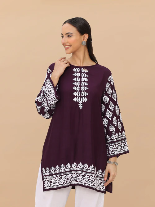 Saba Chikankari Short kurta in Modal Silk - Purple