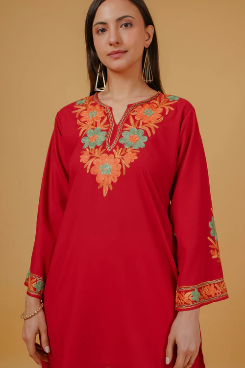Cotton Kashmiri Aari Embroidered Short Kurta - Maroon