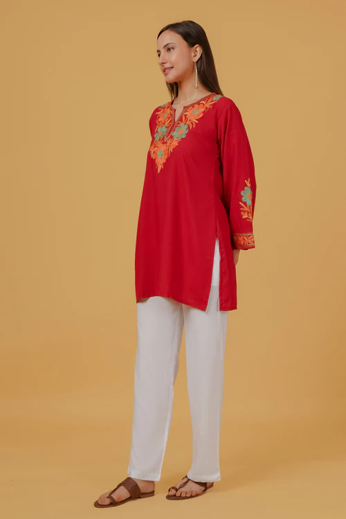Cotton Kashmiri Aari Embroidered Short Kurta - Maroon