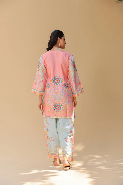Pashmina Printkari Coord Set with Straight Bottoms – Peach & Aqua